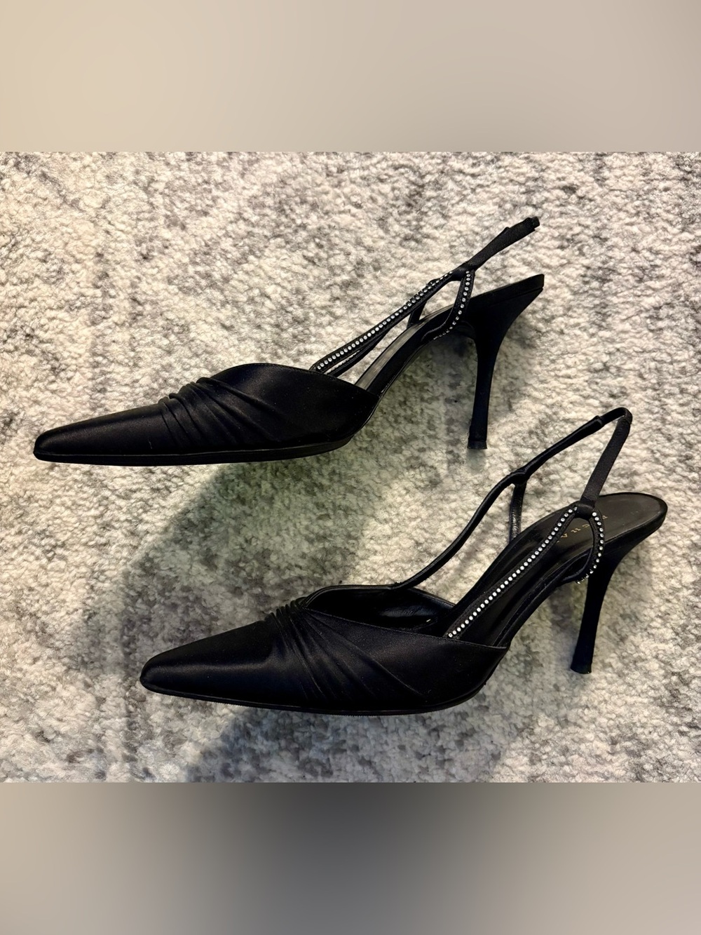 Richard Tyler Black Satin Ruched Pointed Toe Rhinestone Slingback Heels